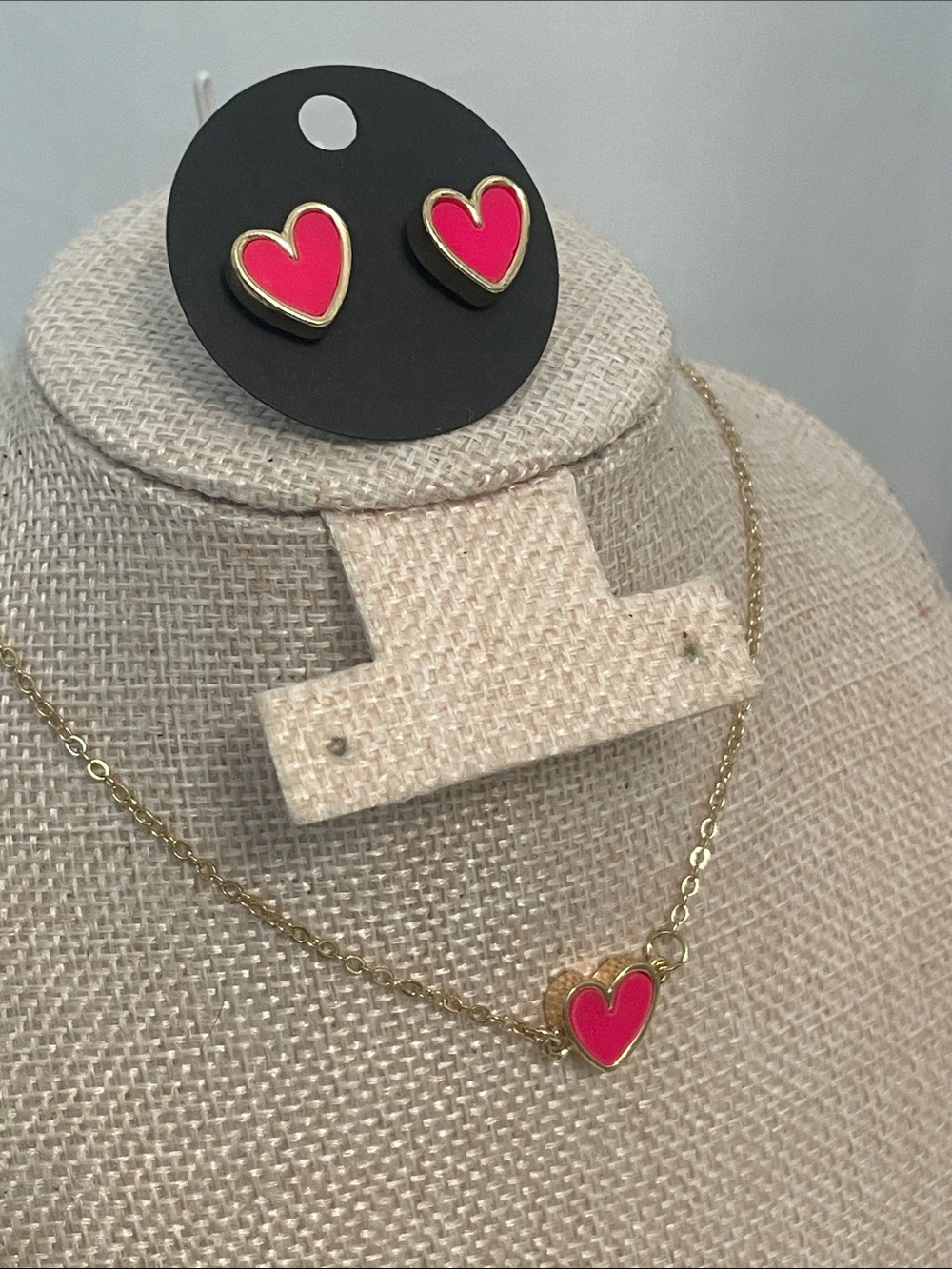 Gold Heart Necklace and Stud Earring Set Pink Hearts 16” w/3” extender .5” charm